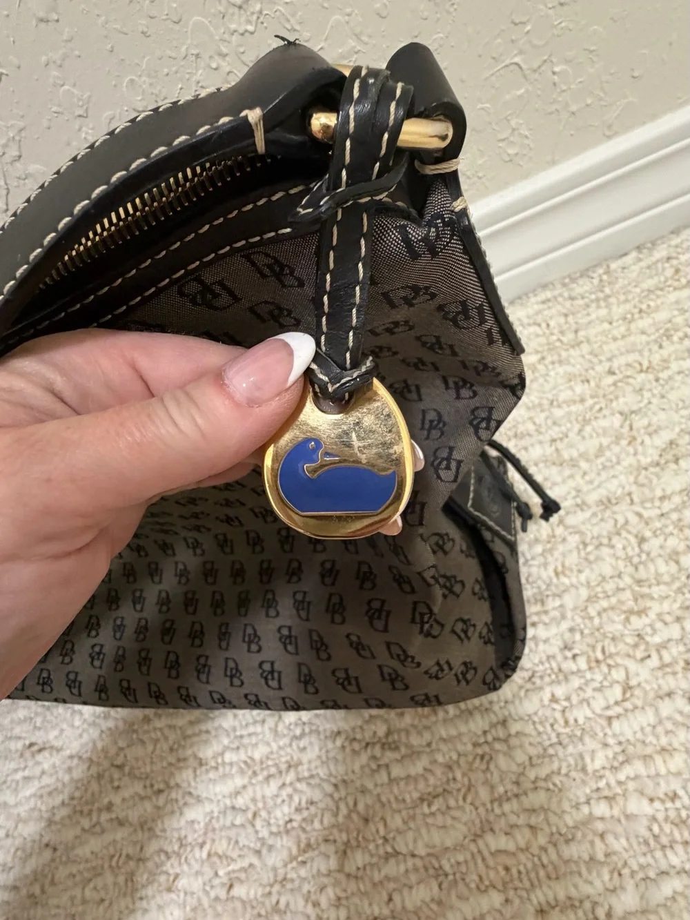 Dooney & Bourke black and grey Monogram Shoulder Bag with Black Strap